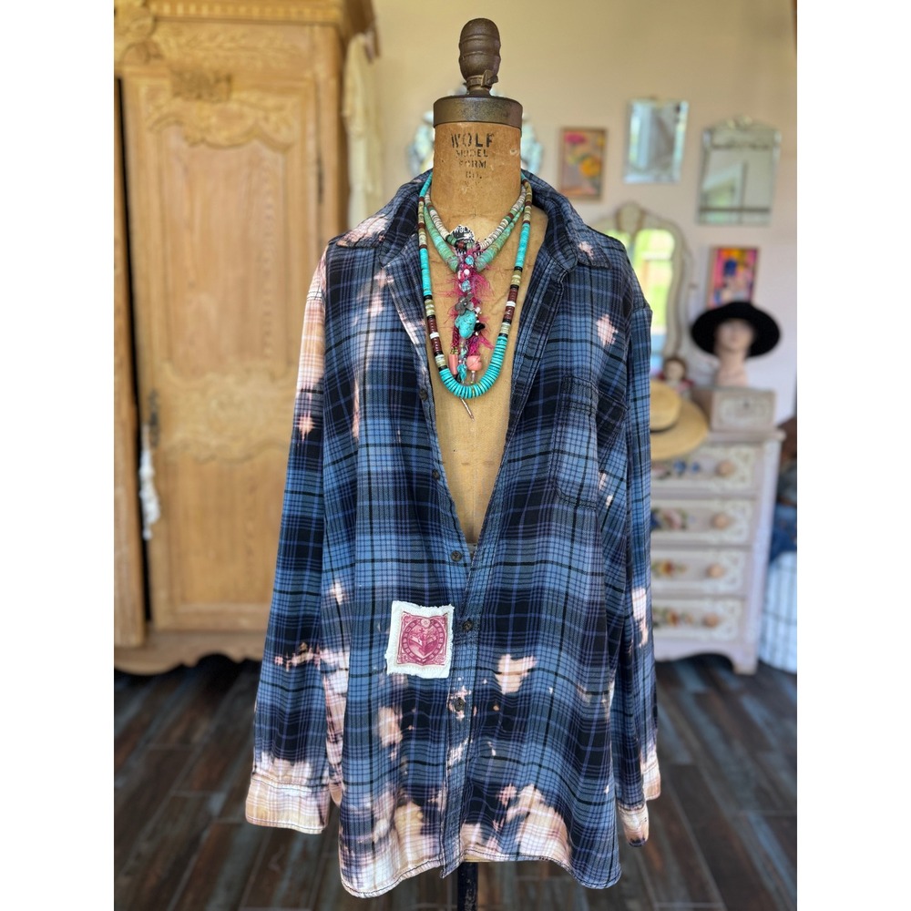 Moonshine Salvage Bleached Floral Art Flannel Shirt XL Cottagecore Boho - Picture 7 of 9